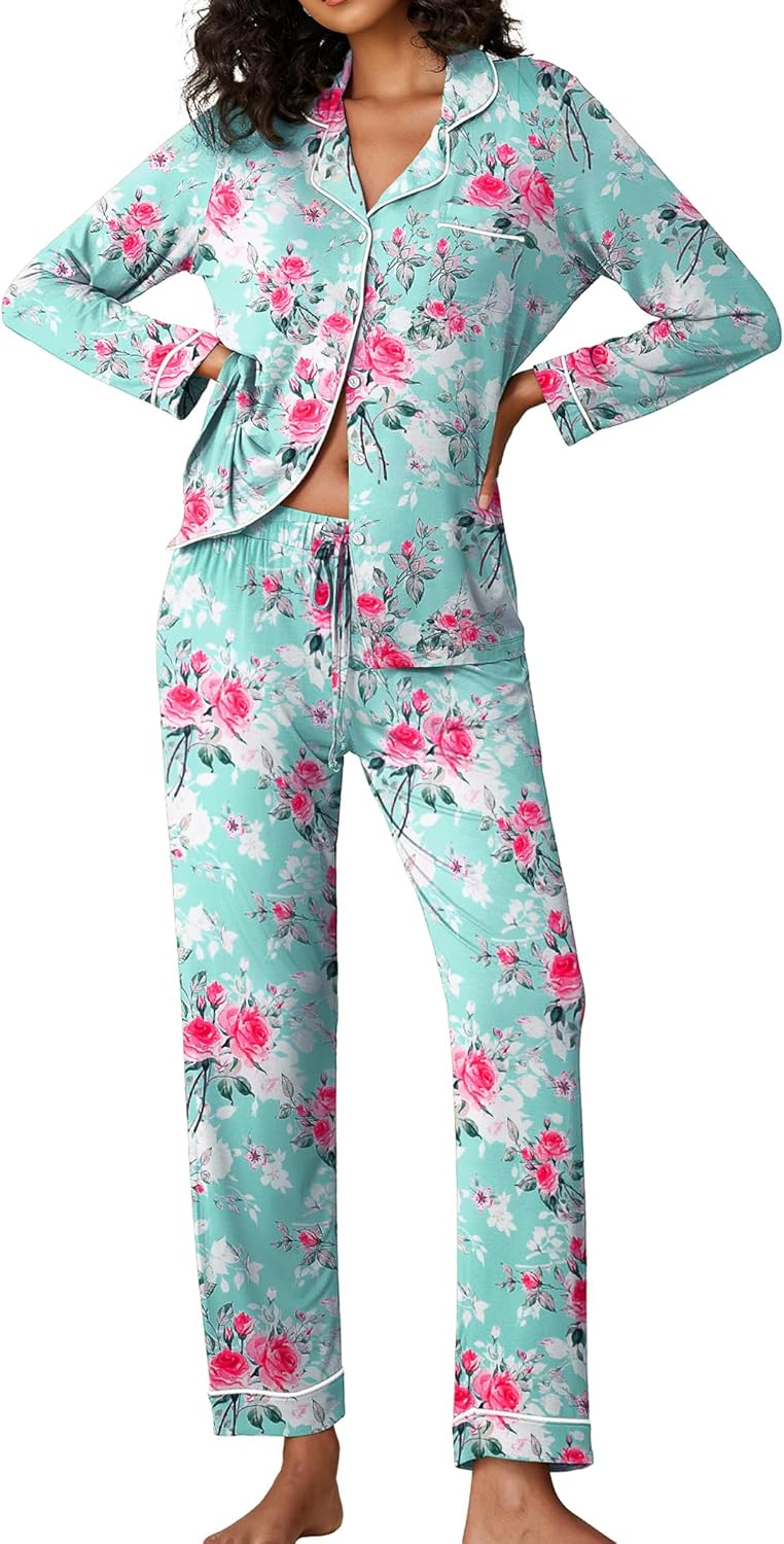 Ekouaer Pajamas Women's Long Sleeve Sleepwear Soft Button Down Set