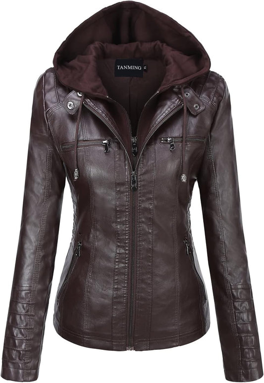 Tanming Womens Faux Leather Jacket with Detachable Hood for Fall