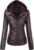 Womens Faux PU Leather Hooded Moto Jacket - Slim Rivet Style