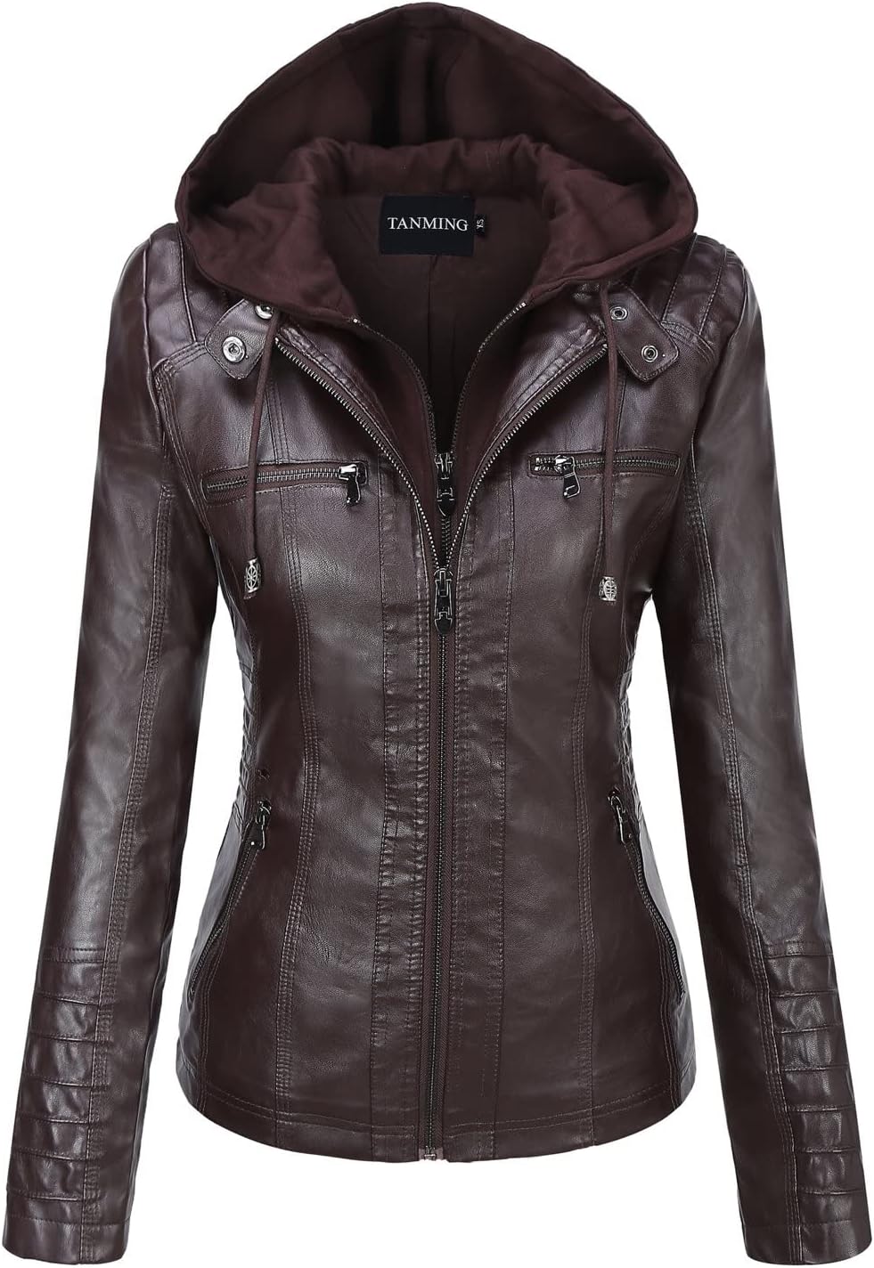Tanming Womens Faux Leather Jacket Hooded Moto Biker Coat