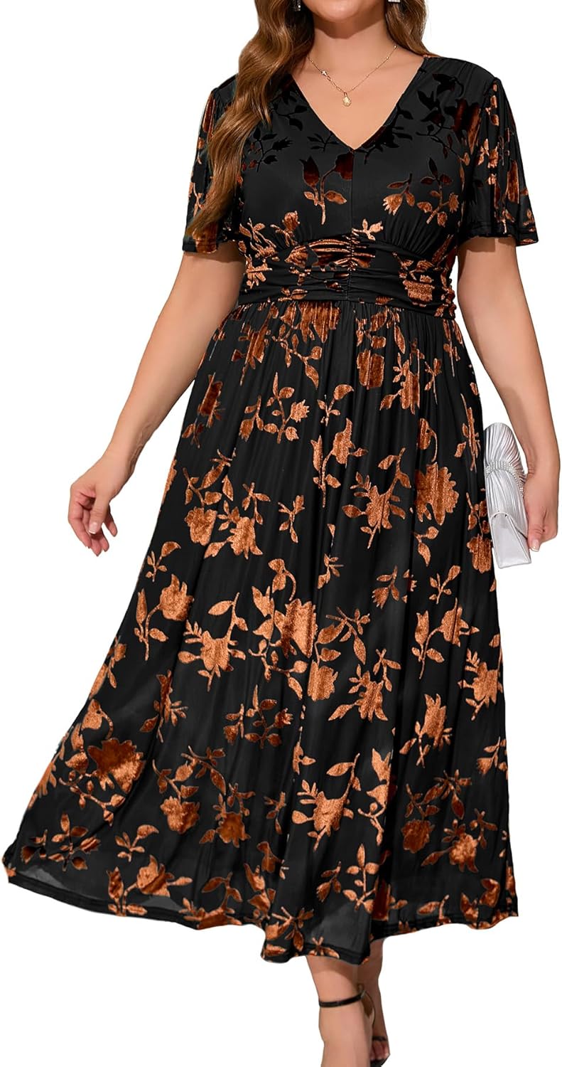 Simplee Womens V Neck Velvet Maxi Dress for Wedding Guests