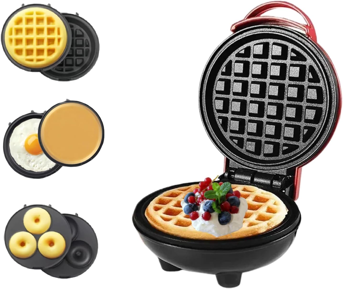 3-in-1 Mini Multi-Maker - Waffles, Donuts, Pancakes - Nonstick - Red