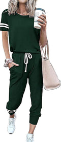 Women Summer Two Piece Striped Short Sleeve Tracksuit - Lightweight