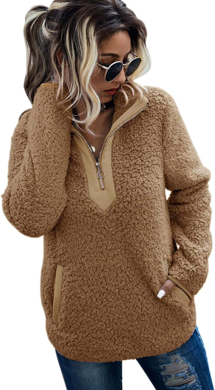 AQOTHES Womens Loose Casual Zipper Sherpa Fleece Pullover