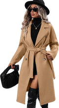 Womens Long Wool Pea Coat Notched Lapel Double Breasted Trench - Warm