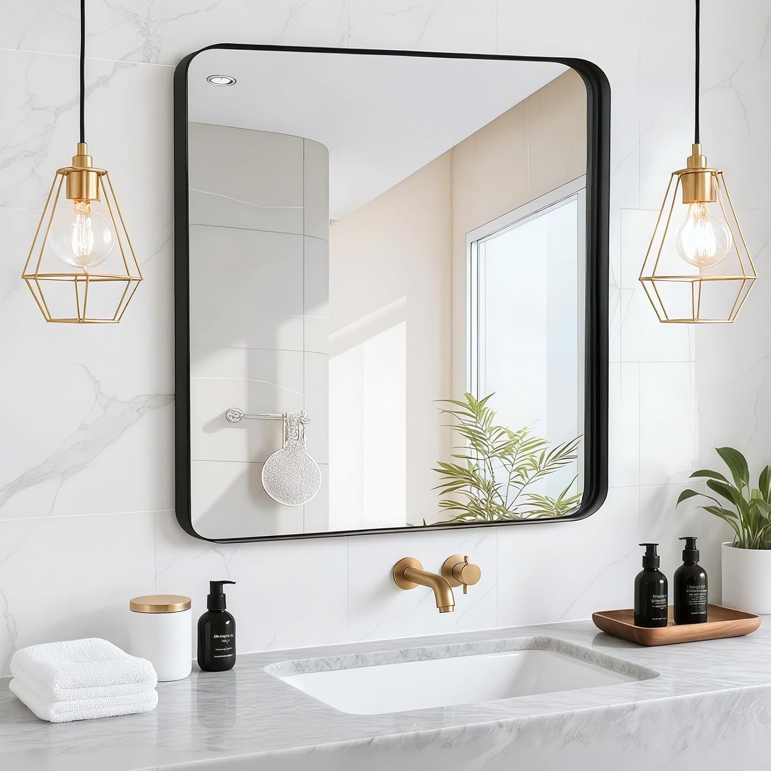 28x28 Inch Black Bathroom Mirror - Modern Metal Framed Design