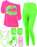 80s Women Costume Set Lips Print Off Shoulder T-shirt & Leggings