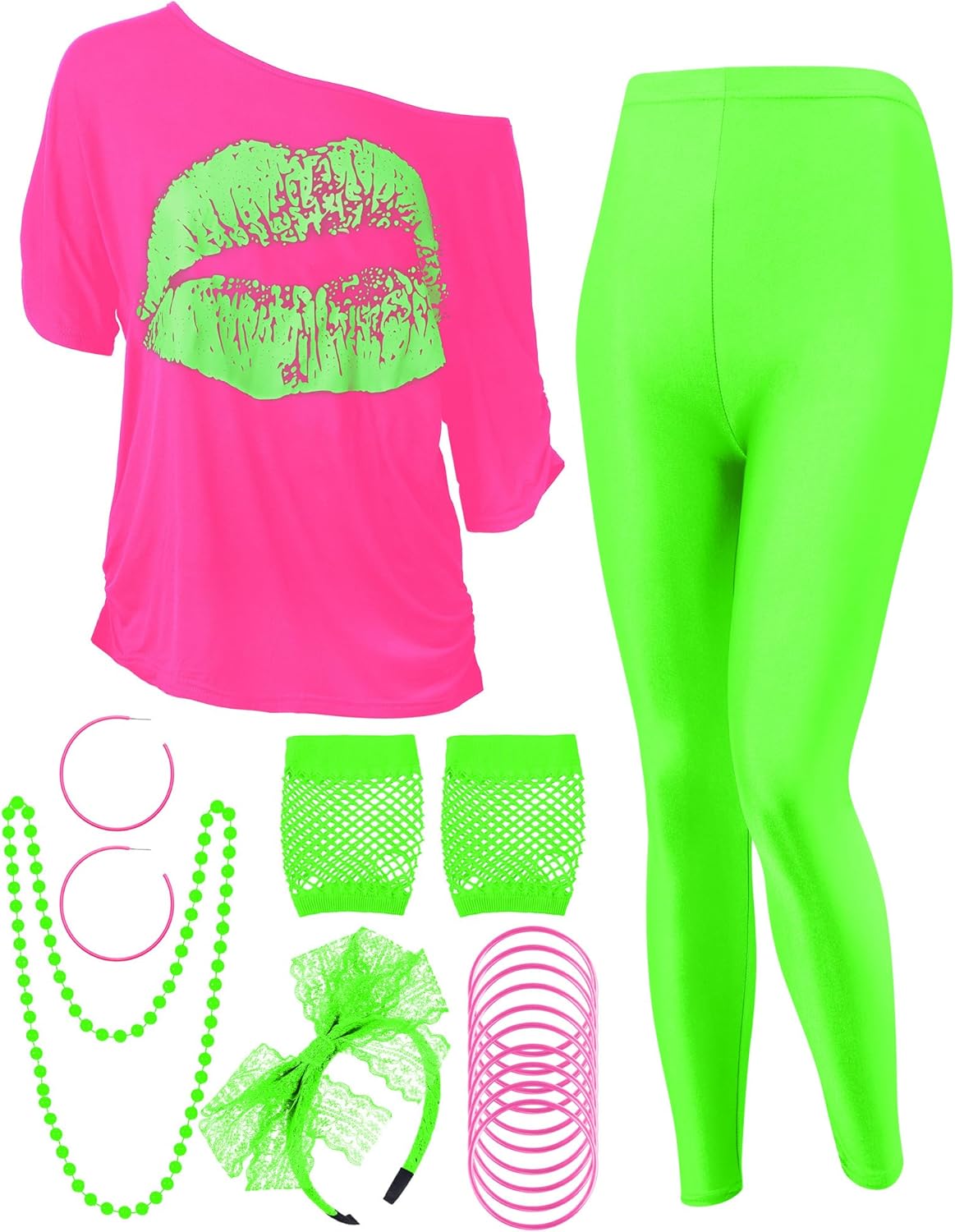 80s Women Costume Set with Lips Print T-shirt and Accessories