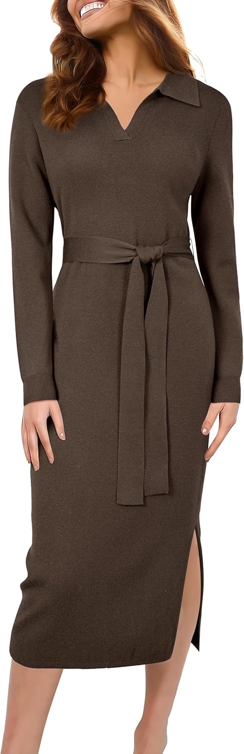 Arach&Cloz Women's Wool Blend Side Slit Polo Sweater Dress