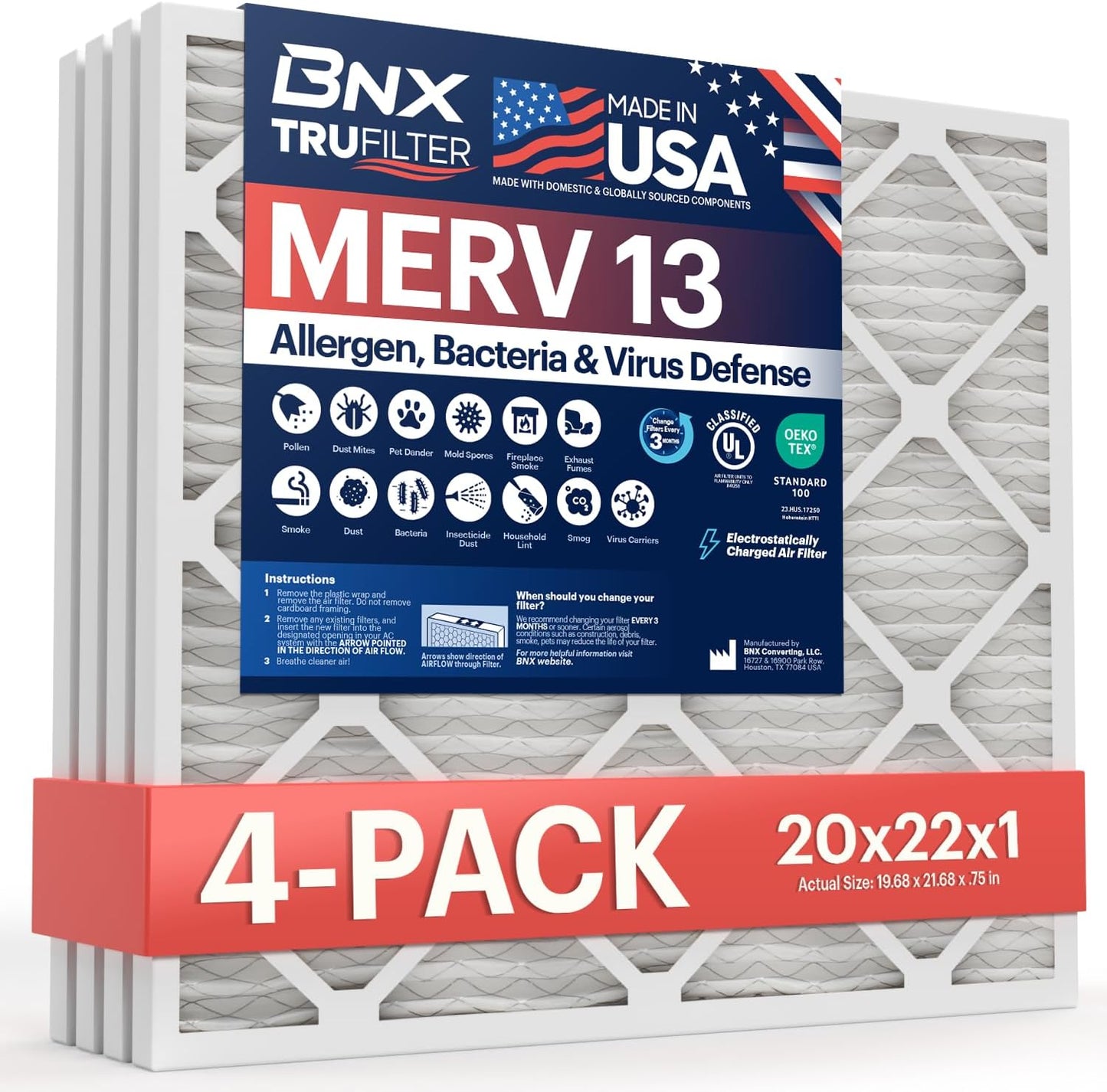BNX TruFilter 20x22x1 MERV 13 Air Filter for Cleaner Air