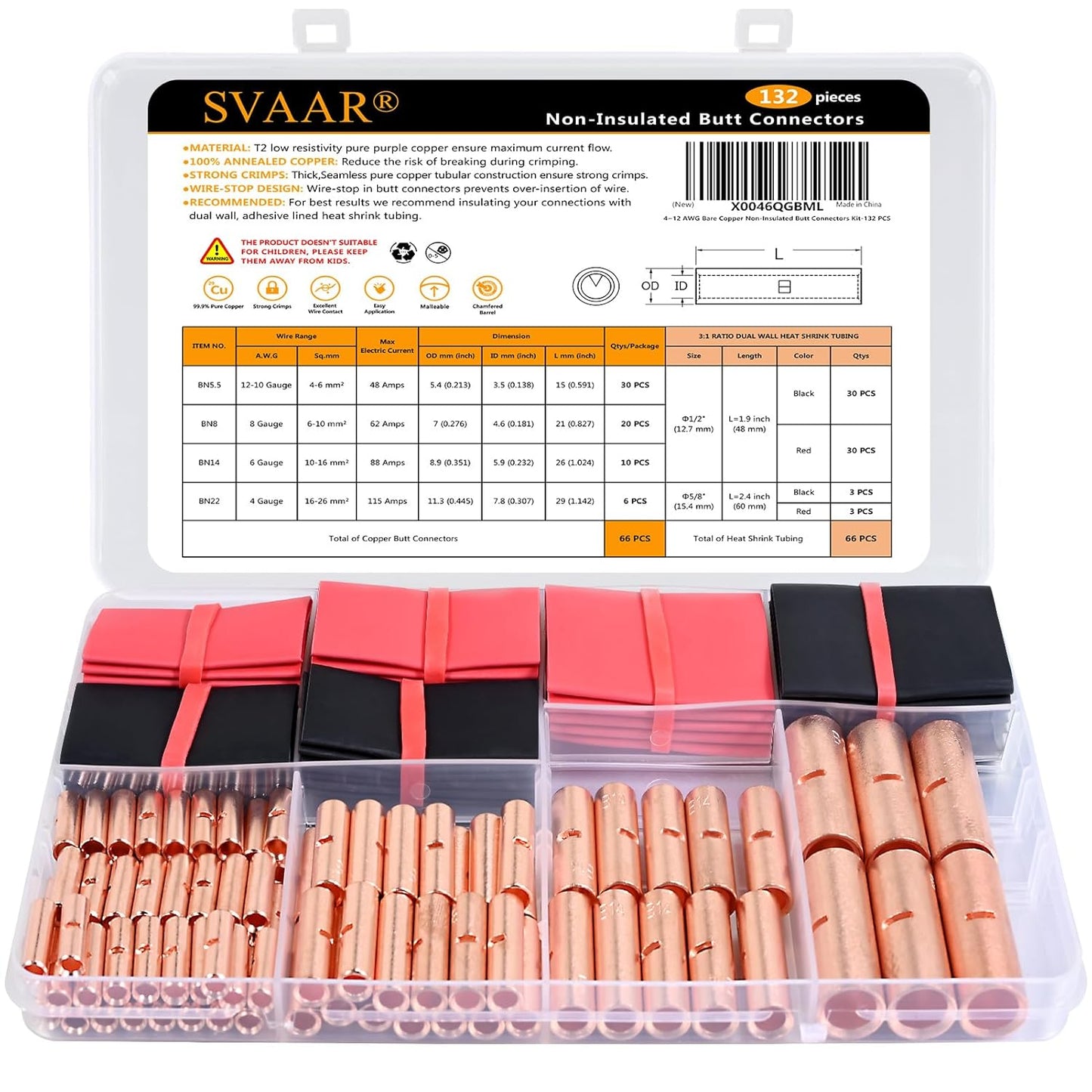 SVAAR Butt Connectors Kit 132PCS for Heavy Duty Wire Splicing