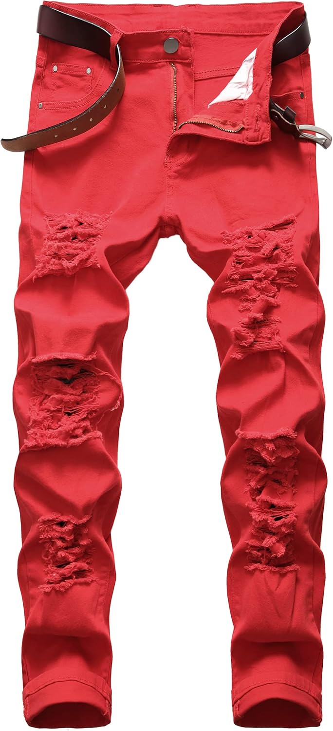 Men Ripped Jeans Slim Fit Straight Leg Denim Pants with Holes
