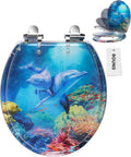 Round Ocean Resin Toilet Seat 16.5 in Blue Dolphins - Slow Close
