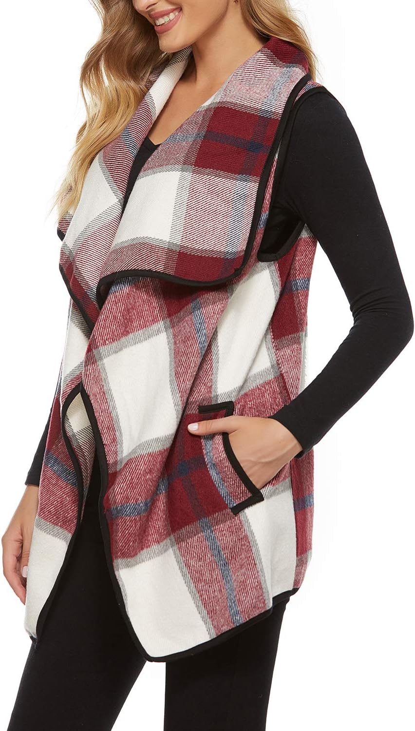YACUN Women Plaid Vest Open Front Sleeveless Jacket with Pockets