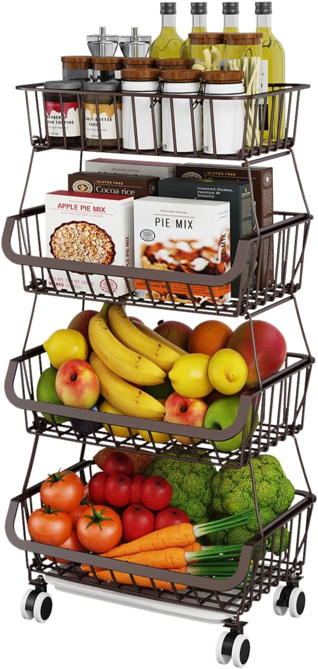 Fruit Vegetable Storage Basket - 4 Tier Stackable Metal Cart