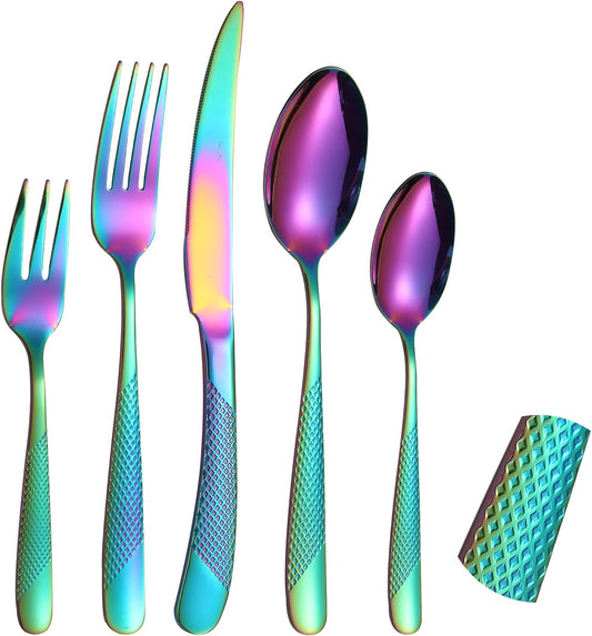 Colorful Hammered Silverware Set for 4 - Modern Utensils