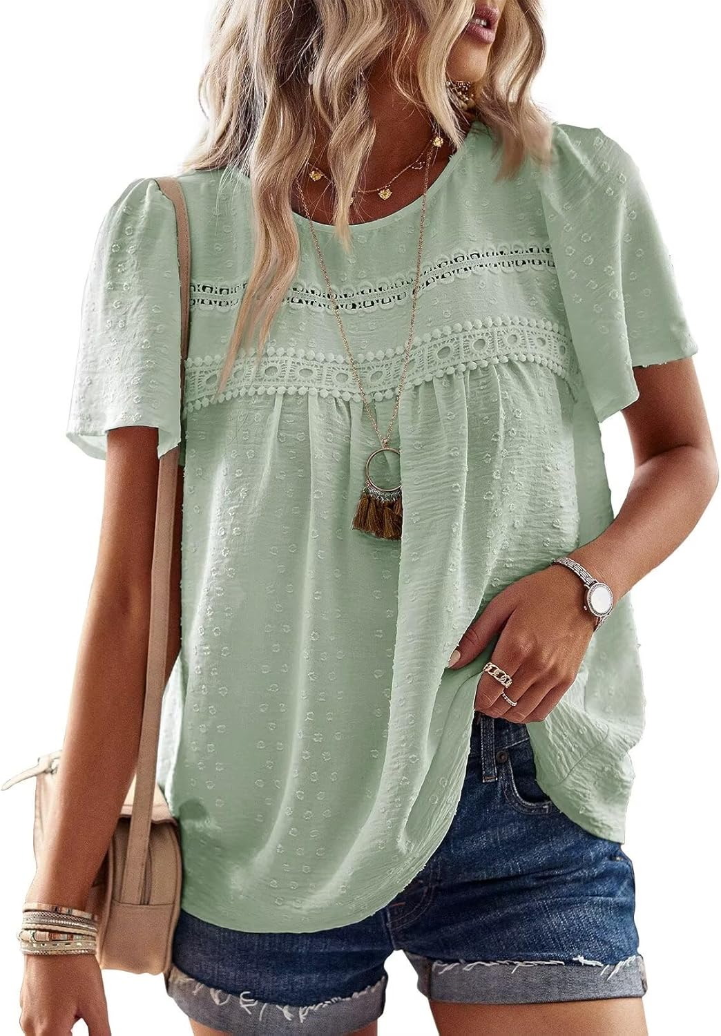 Womens Summer Tops Crewneck Short Sleeve Casual Chiffon Blouses