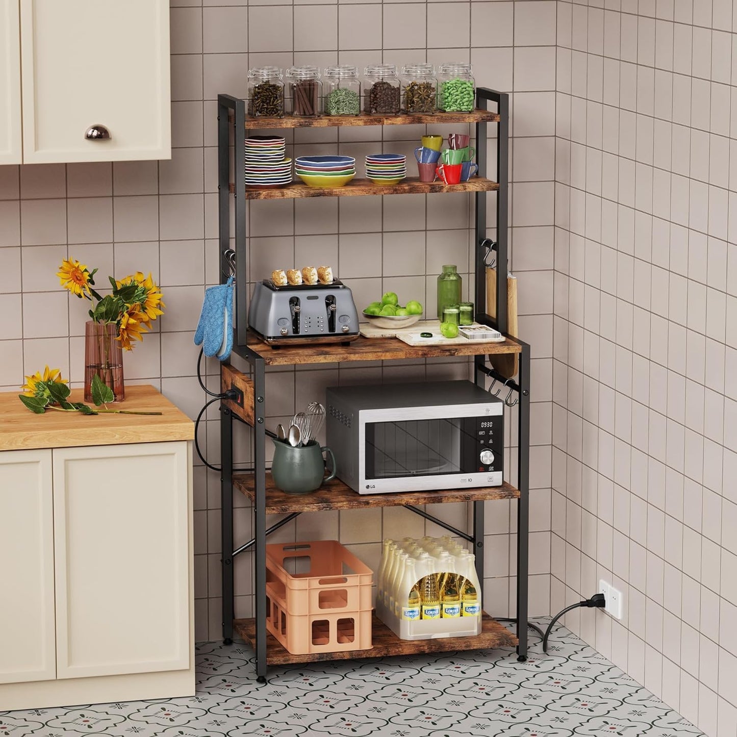 5-Tier Metal Bakers Rack with Power Outlet: Organize and Elevate Kitchen!