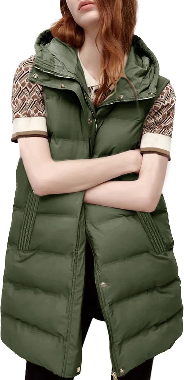 Long Puffer Vest for Women - Casual Sleeveless Puffy Jacket