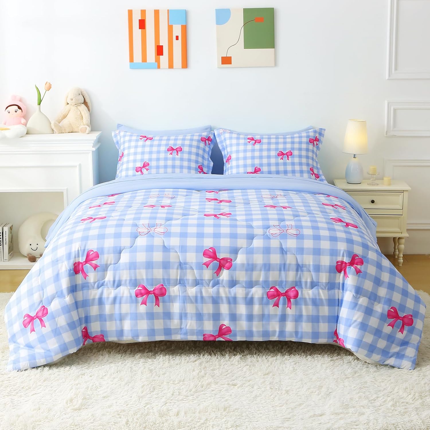 Wajade Bow Comforter Set 7 Piece Blue White Plaid for Kids
