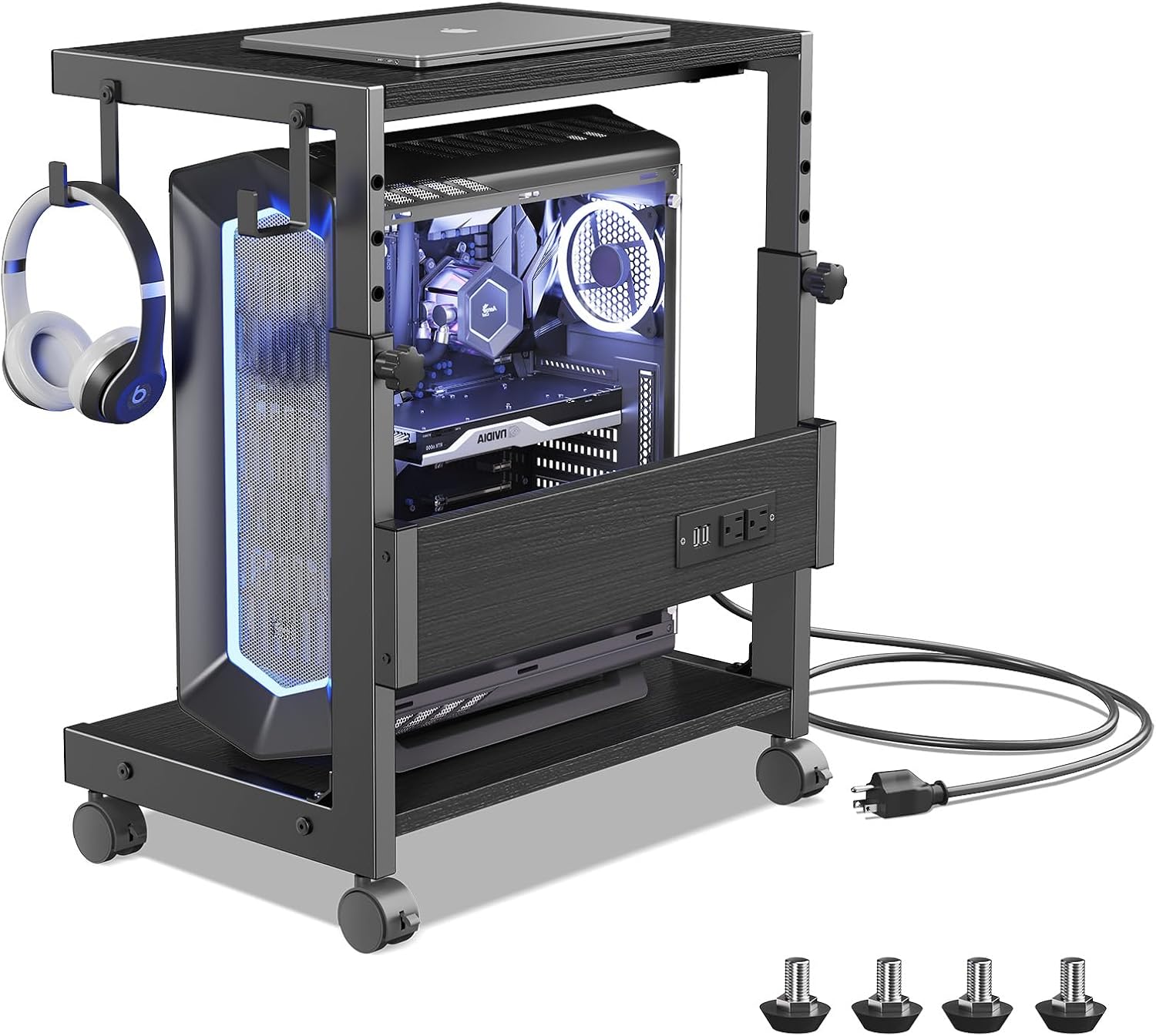 Height Adjustable Computer Tower Stand with Charge Station