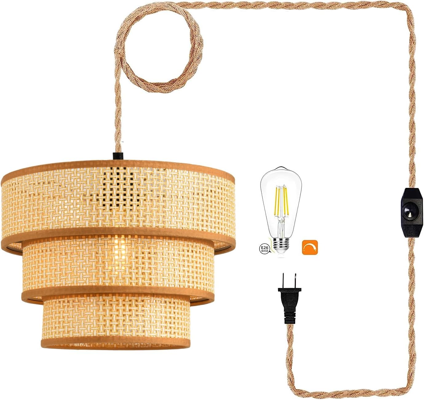 XININSUN Plug in Pendant Light with Dimmable Rattan Shade