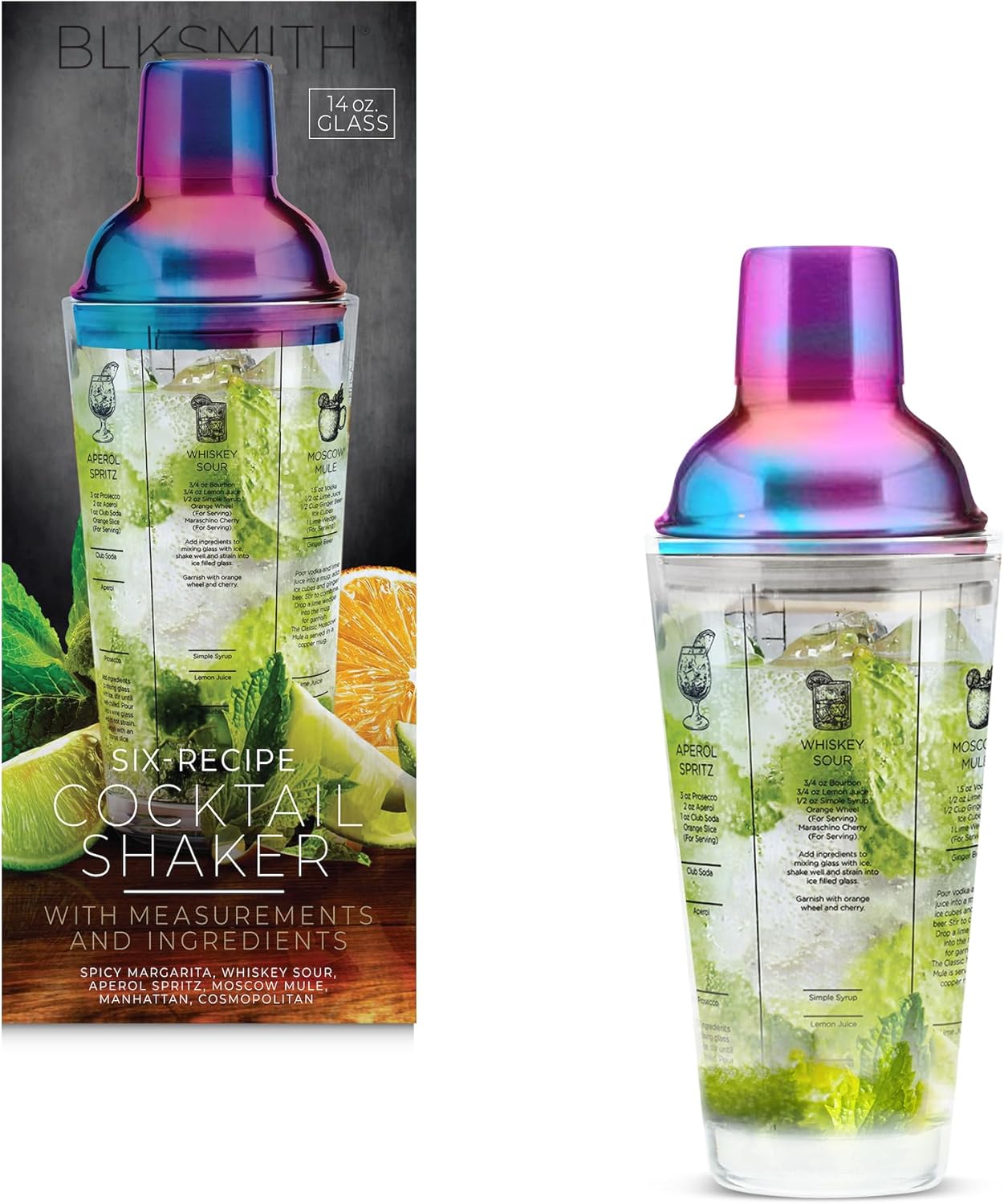 BLKSMITH Glass Cocktail Shaker Set - 6 Recipes & Iridescent Finish