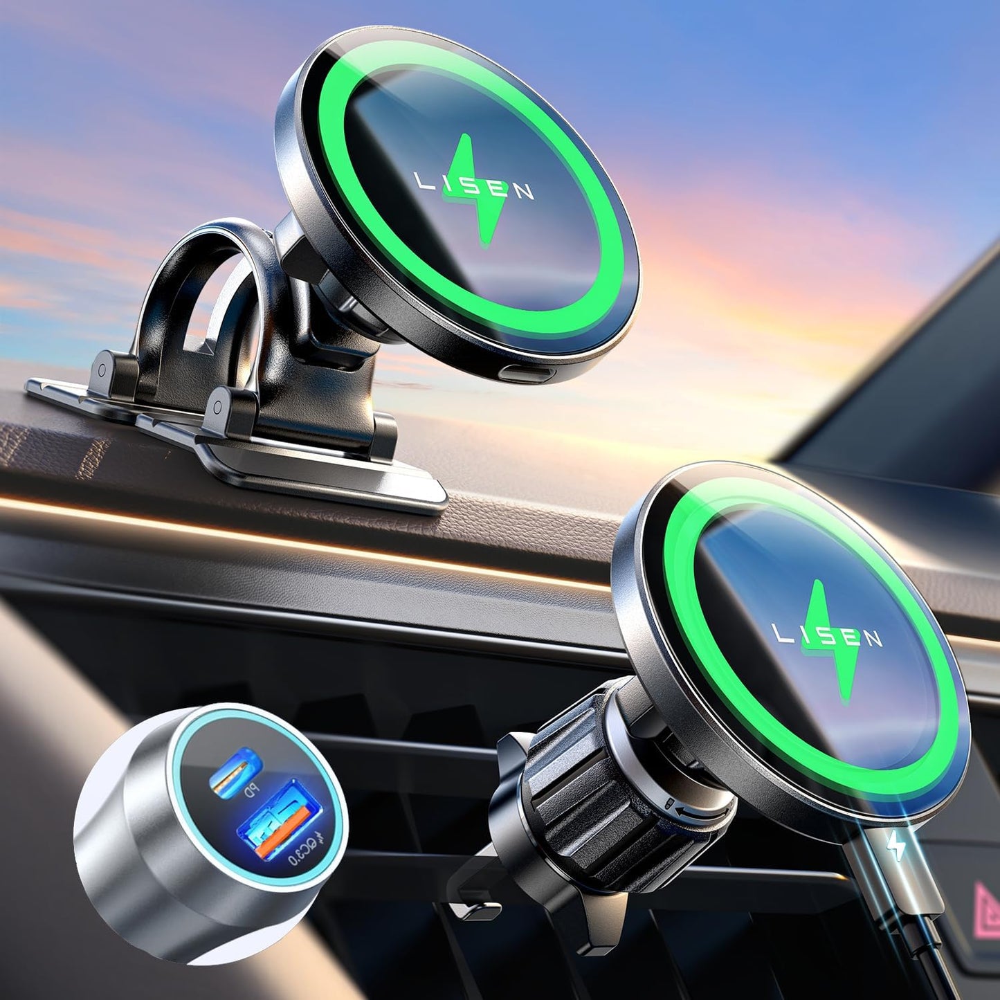 LISEN 15W Magnetic Car Charger - Fast iPhone Charging