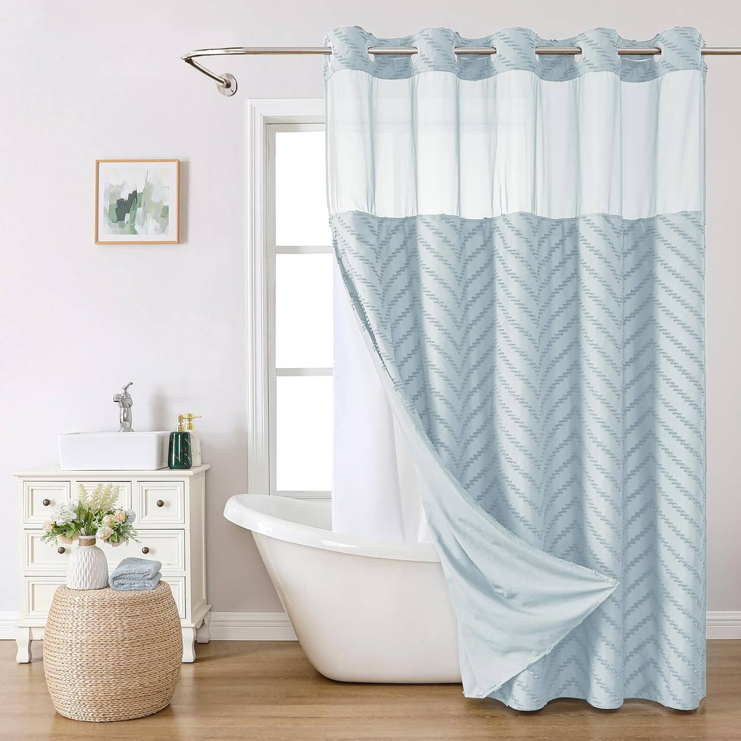 Boho Farmhouse Shower Curtain with Snap-in Liner for Bathroom