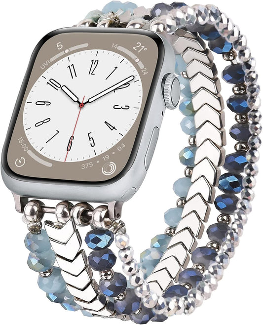 Beaded Blue Watch Band for Apple Watch 38mm 40mm - Elegant Handmade Strap