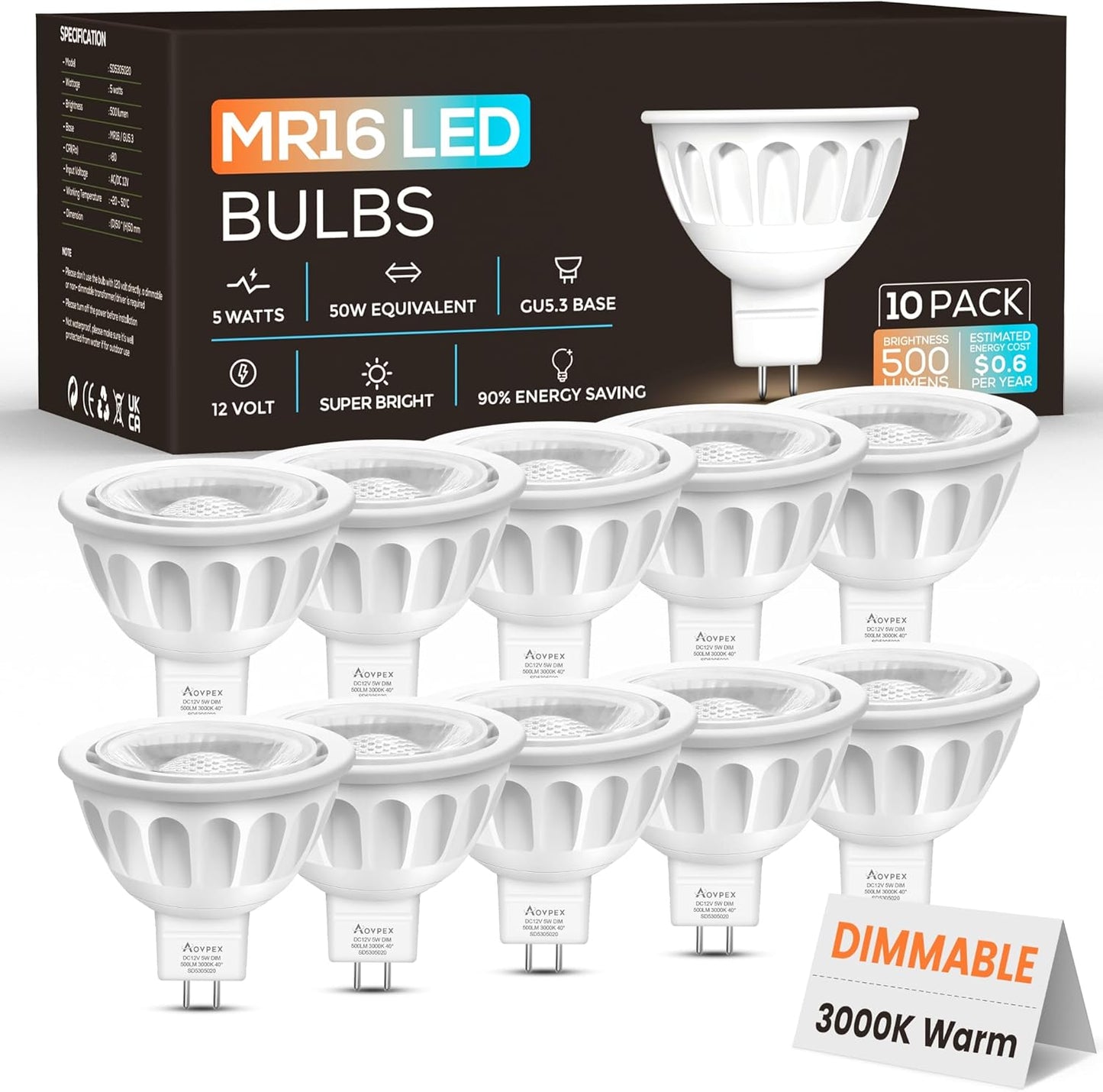 Dimmable MR16 LED Bulbs 10 Pack for Indoor and Outdoor Use