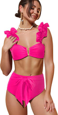 Women High Waisted Swimsuit Flounce Straps Bikini - Soft Stretch