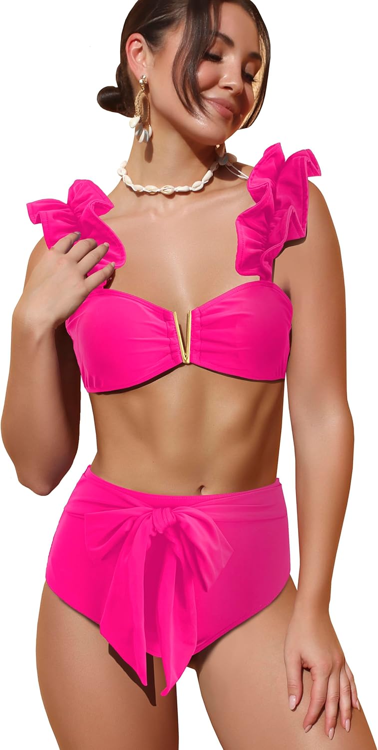 SPORLIKE Women High Waisted Swimsuit Flounce Straps Bikini Set