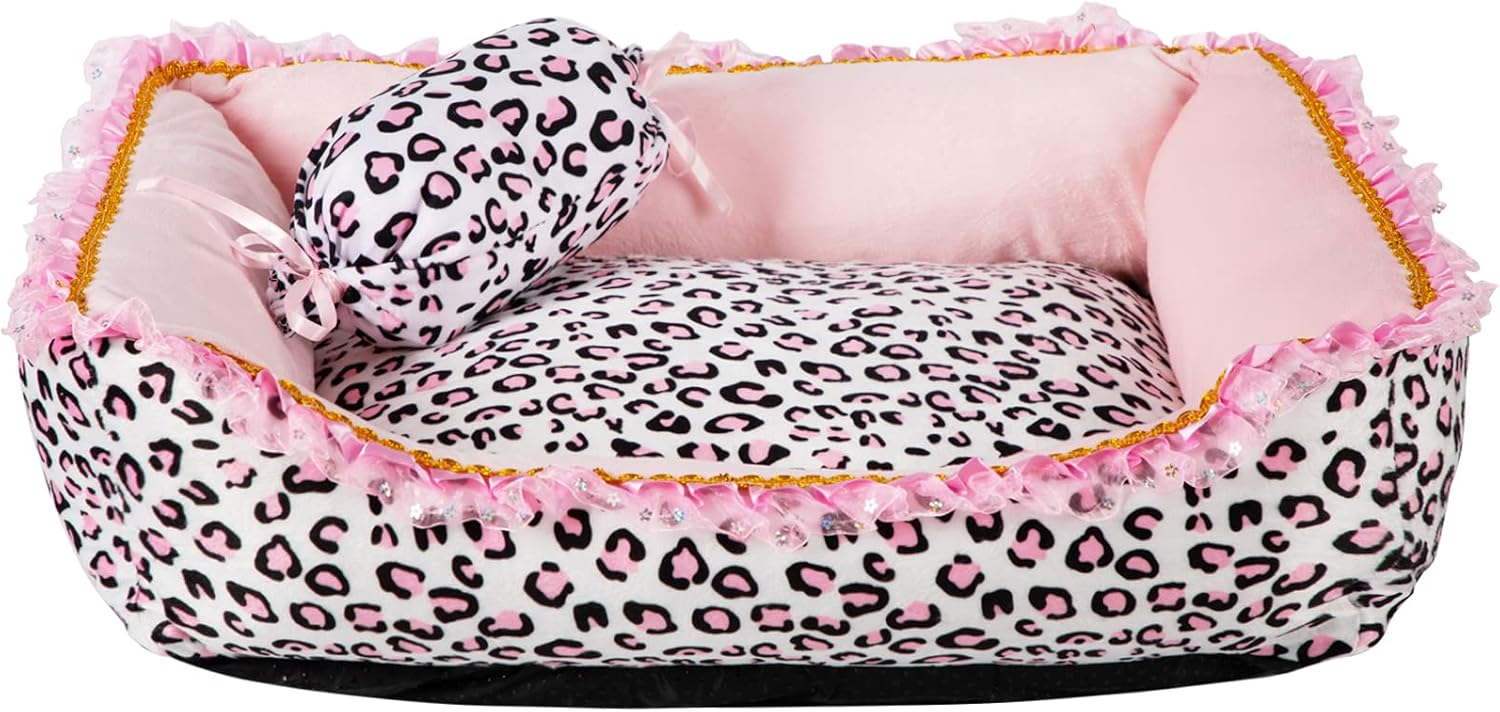 Gigreinc Cute Pink Leopard Dog Bed for Small Dogs and Cats