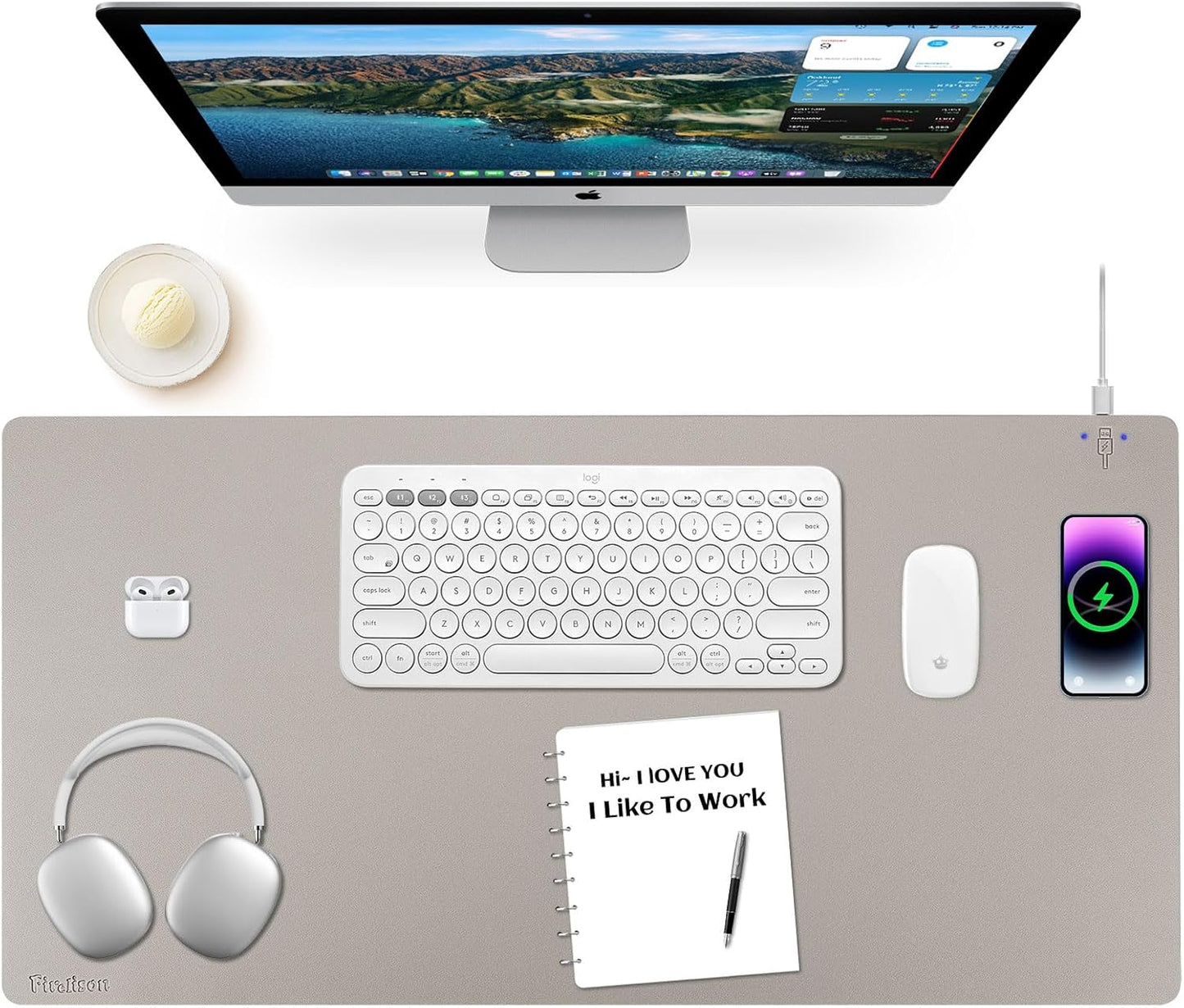 Wireless Charging Mouse Pad with Leather Surface and Non-Slip Base
