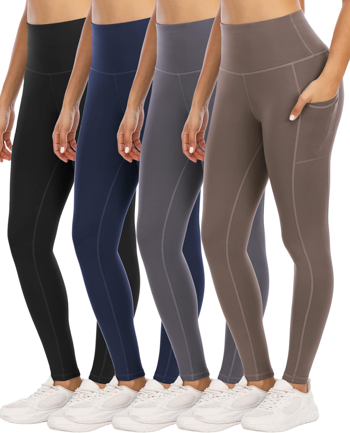 4 Pack Leggings with Pockets for Women - High Waist Tummy Control