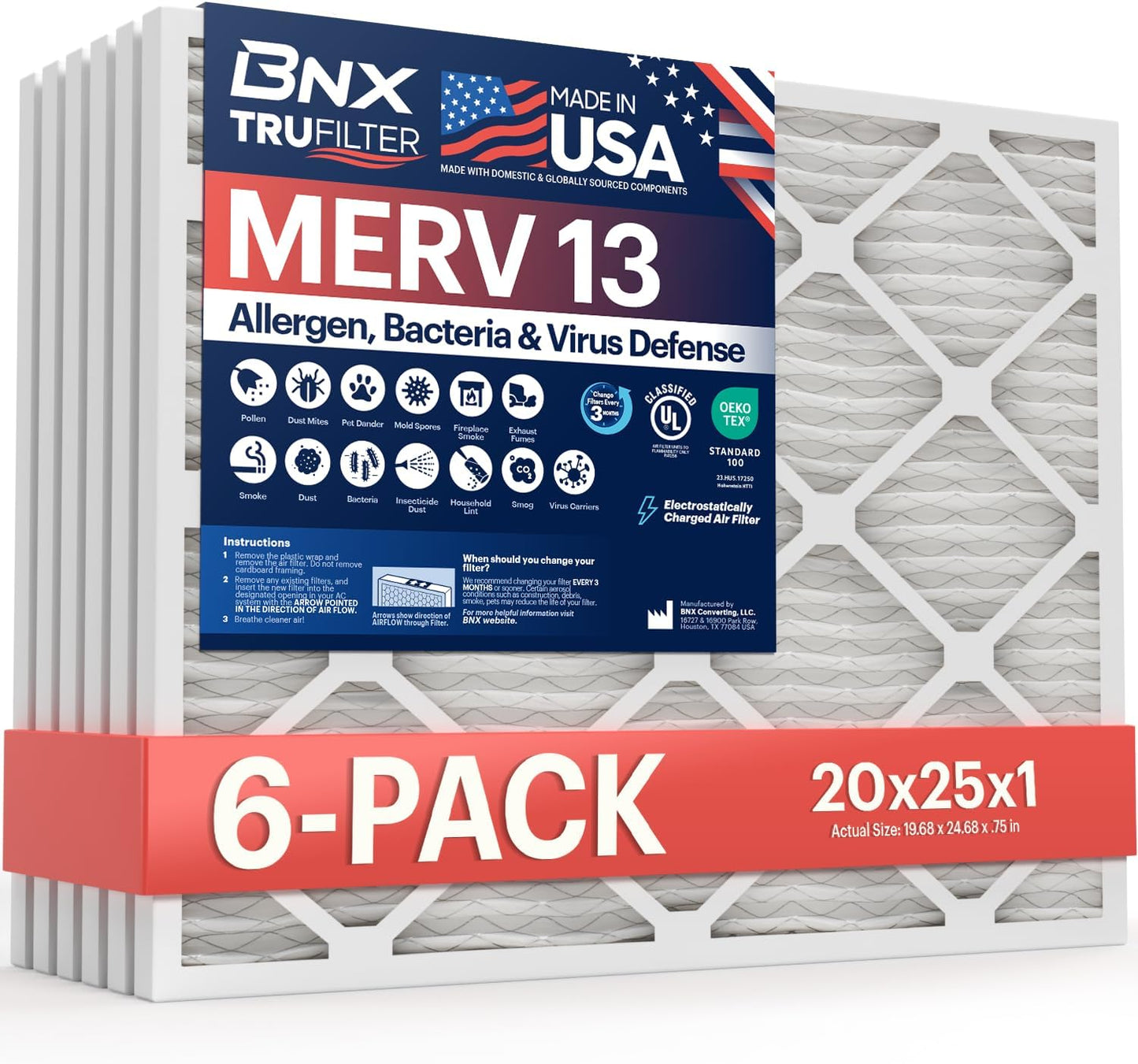 6-Pack BNX TruFilter 20x25x1: MERV 13 Made in USA Air Filters - Ultimate Allergy & Pollen Protection