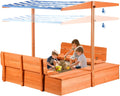 Kids Wooden Outdoor Sandbox with Cover and Foldable Bench - Shaded