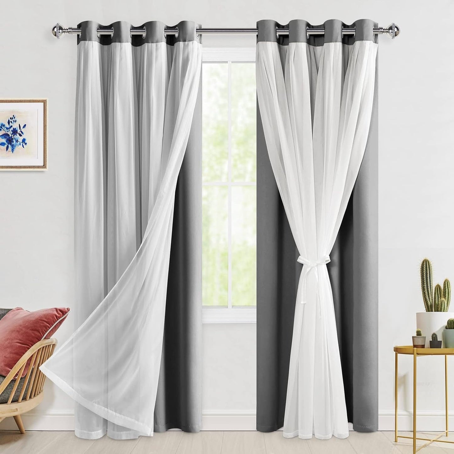 Hiasan Grey Blackout Curtains with Sheer Overlay for Privacy