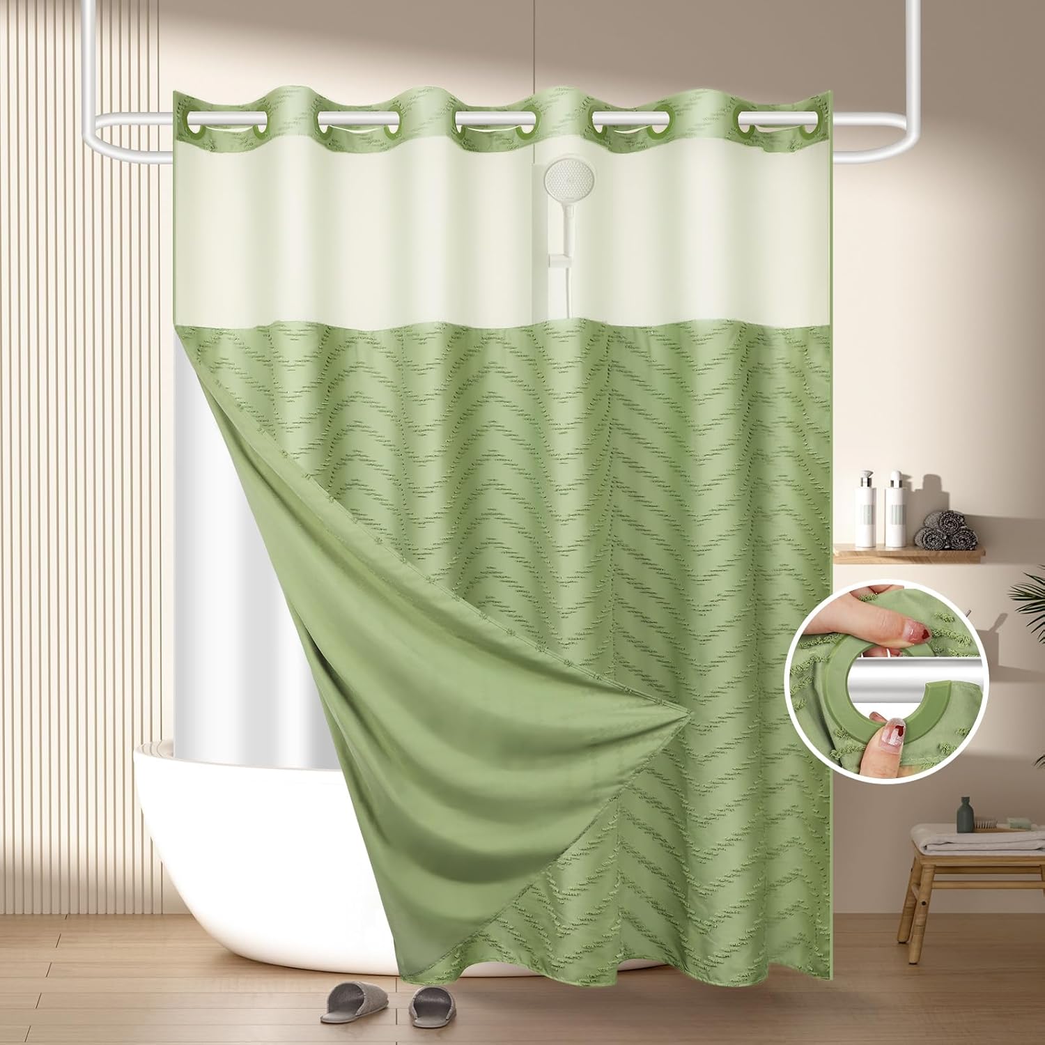 No Hook Shower Curtain Set with Snap in Liner for Modern Bath