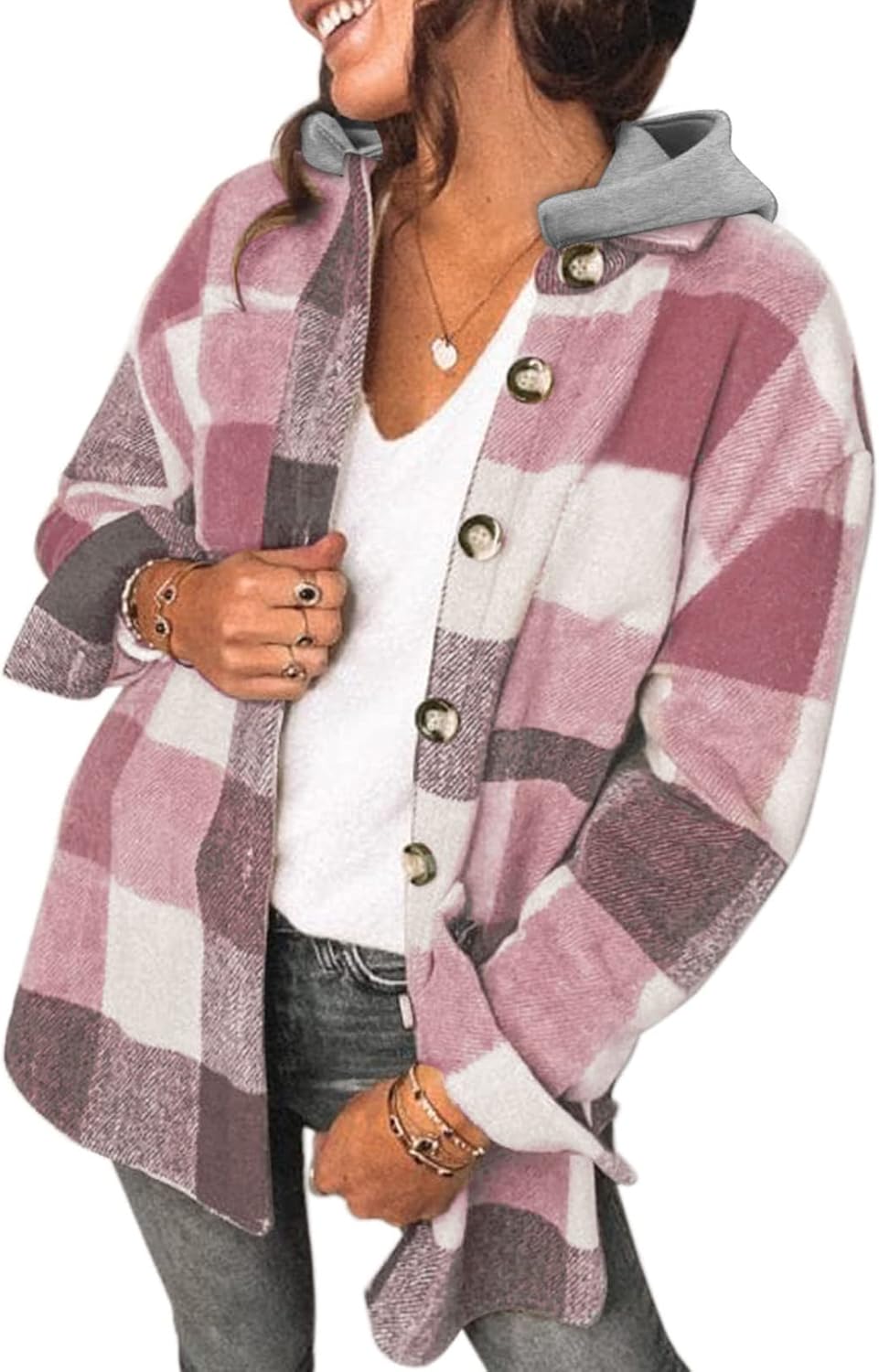 Stylish Womens Long Sleeve Button Down Plaid Shacket Jacket