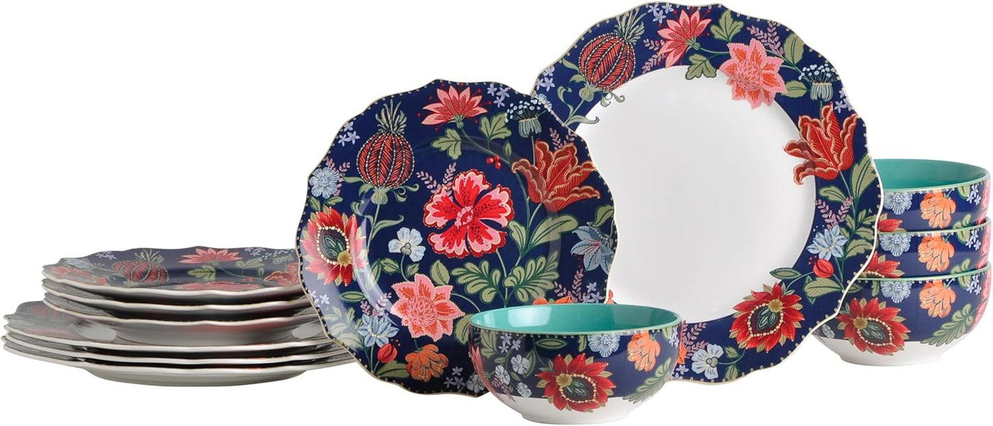 222 Fifth 12-Piece Porcelain Dinnerware Set for 4 with Gold Rim