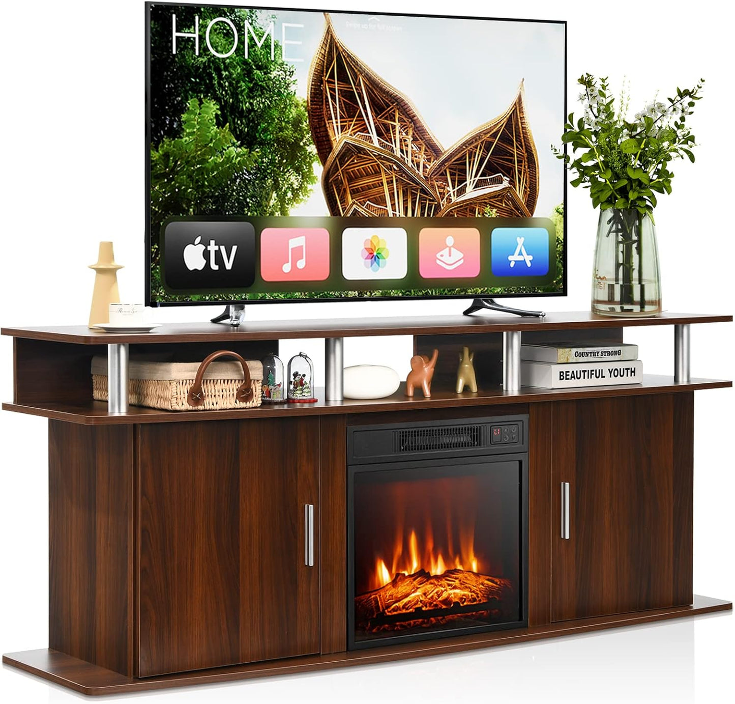 Tangkula 70 Fireplace TV Stand with Electric Fireplace & Remote
