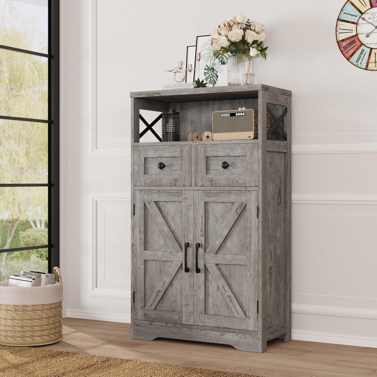 Farmhouse Storage Cabinet with Drawers and Adjustable Shelves