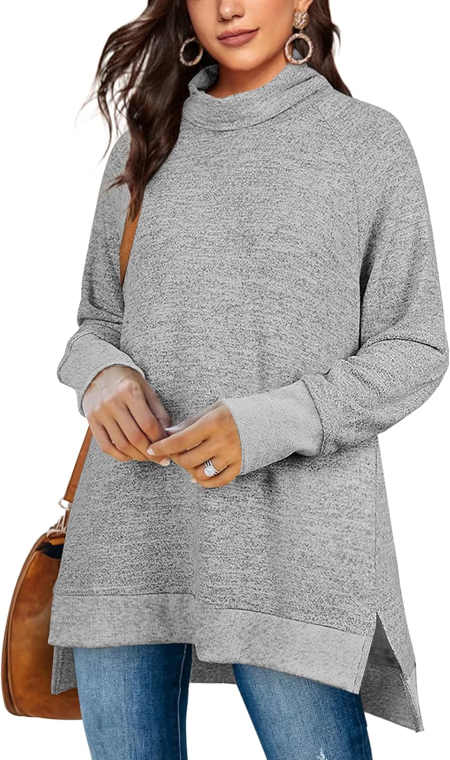 OFEEFAN Women's Turtle Neck Sweatshirts with High Low Hem Design