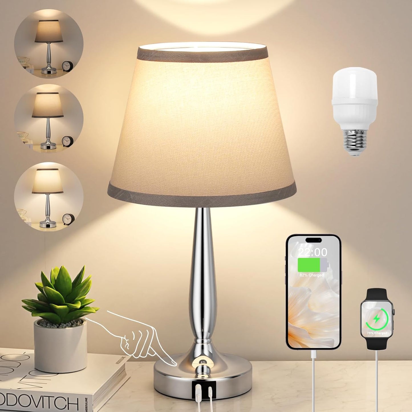 Kakanuo Touch Table Lamp with USB C Charging for Bedroom