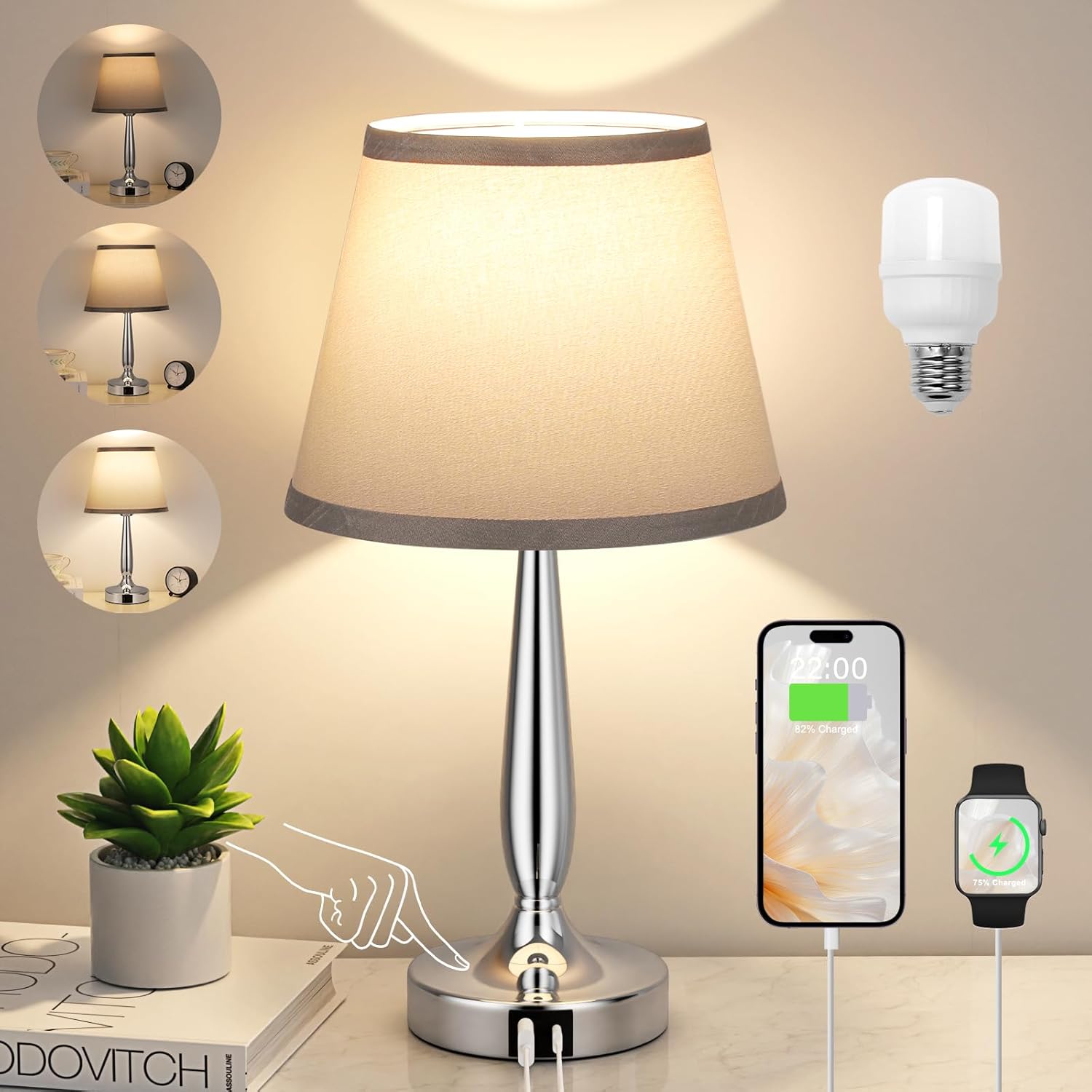 Kakanuo Touch Table Lamp with USB C Charging for Bedroom