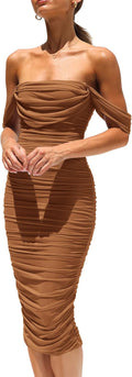 PRETTYGARDEN Off Shoulder Ruched Bodycon Midi Dress - Elegant Fit S=US
