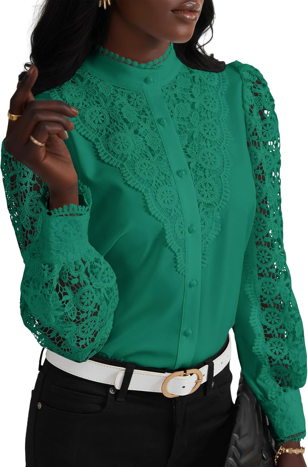 Elegant Women's Lace Crochet Mock Neck Long Sleeve Blouse Top