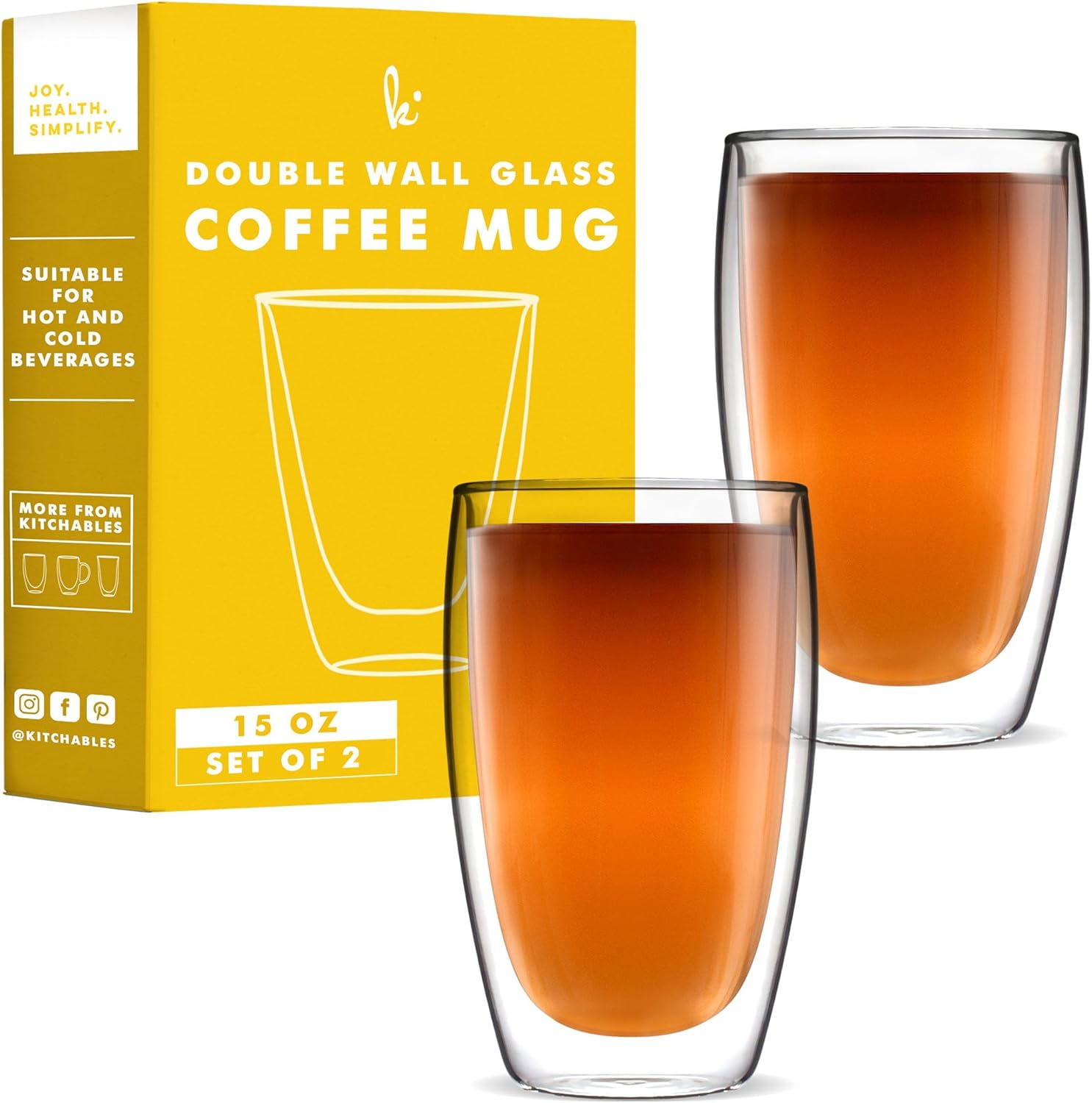 Insulated 15oz Glass Coffee Mugs Set - Heat Retention